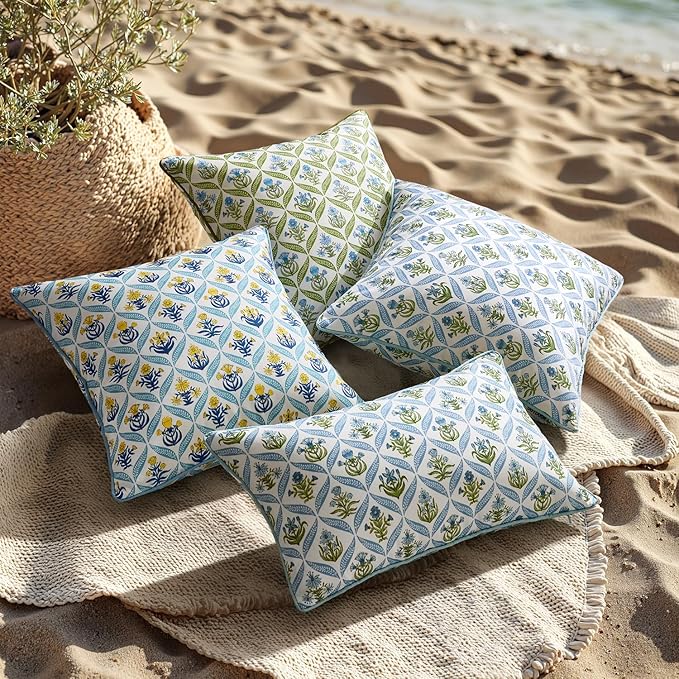 ANRODUO Floral Outdoor Pillow Covers 18x18 Waterproof Set of 2 Block Print Boho Accent Decorative Cushion Cases with Refined Edge Piping for Spring Patio Porch Garden Couch Sofa Bench Decor Blue