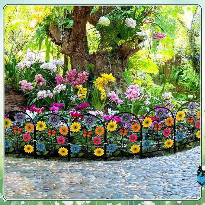 Yaocom Flower Decorative Garden Fence, 6 Pack 16.5''h x 11.8''w Metal Animal Barrier Border, Floral Butterfly Design Arched Garden Fence Panels for Spring Outdoor Yard Lawn Patio Flower Bed Decor