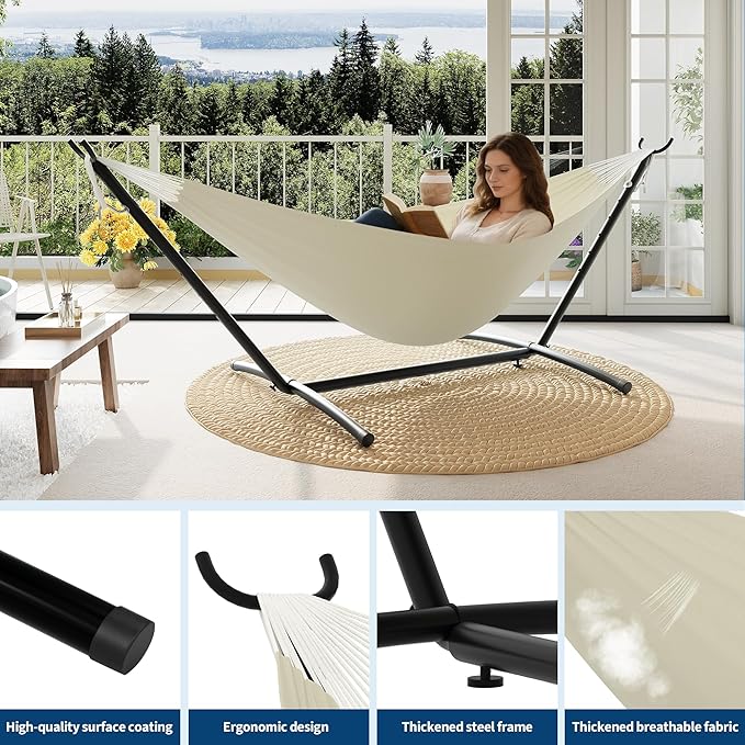 Garvee 2 Person Hammocks with Stand for Outside, Double Hammocks Portable Space Saving Heavy-Duty Steel Stand for Indoor Outdoor Patio with Carrying Bag, 450 lbs Capacity