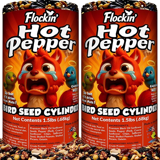 Flockin' Hot Pepper Bird Seed Cylinders with Hole – Spicy Birdseed to Reduce Squirrels – Bird Seeds for Outside Wild Birds – No Mess Birdseed – Hot Bird Seed, No Filler – USA Made (4" x 7.75") 2 Pack