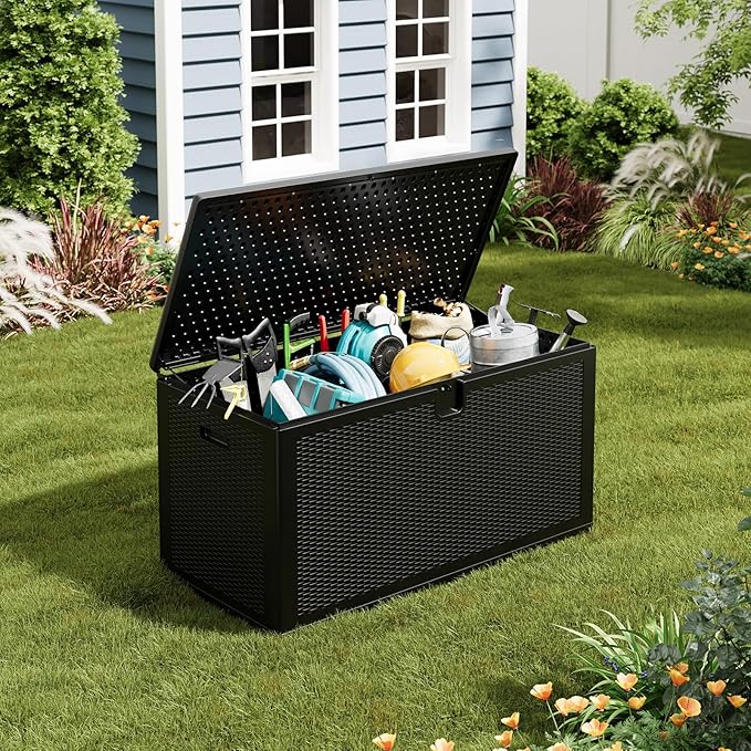 GarveeLife 150 Gallon Outdoor Storage Box, Large Resin Deck Box with Hydraulic Air Rod, Weatherproof & Lockable Outdoor Storage Bin for Patio Cushions, Garden Tools, Pool Supplies, Porch, Black