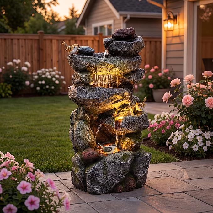 AUTODAYA 31.5" H Multi-Tier Rock Outdoor Water Fountain with LED Lights and Pump, Garden Fountain Waterfall for Patio, Porch, or Yard