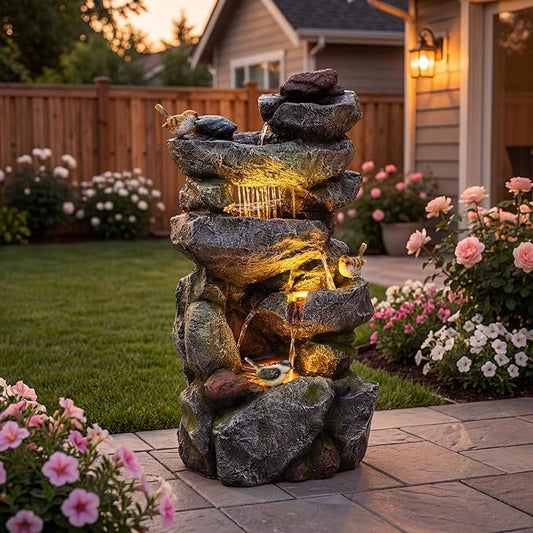 AUTODAYA 31.5" H Multi-Tier Rock Outdoor Water Fountain with LED Lights and Pump, Garden Fountain Waterfall for Patio, Porch, or Yard
