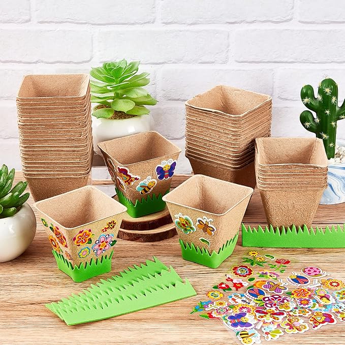 Gueevin 50 Pack Garden Paper Pot Craft Kit Flower Plant Spring Craft Including Peat Plant Pots Adhesive Foam Stickers Pot Stickers EVA Grass for Adults DIY Flower Planting Growing, Square