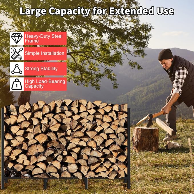 DIAMONDFORGE 4ft Firewood Rack Outdoor, Heavy Duty Fire Wood Stand, Metal Firewood Rack Indoor, Firewood Holder Storage, Log Wood Pile Racks Stand for Patio, Garden, Backyard, Matte Black