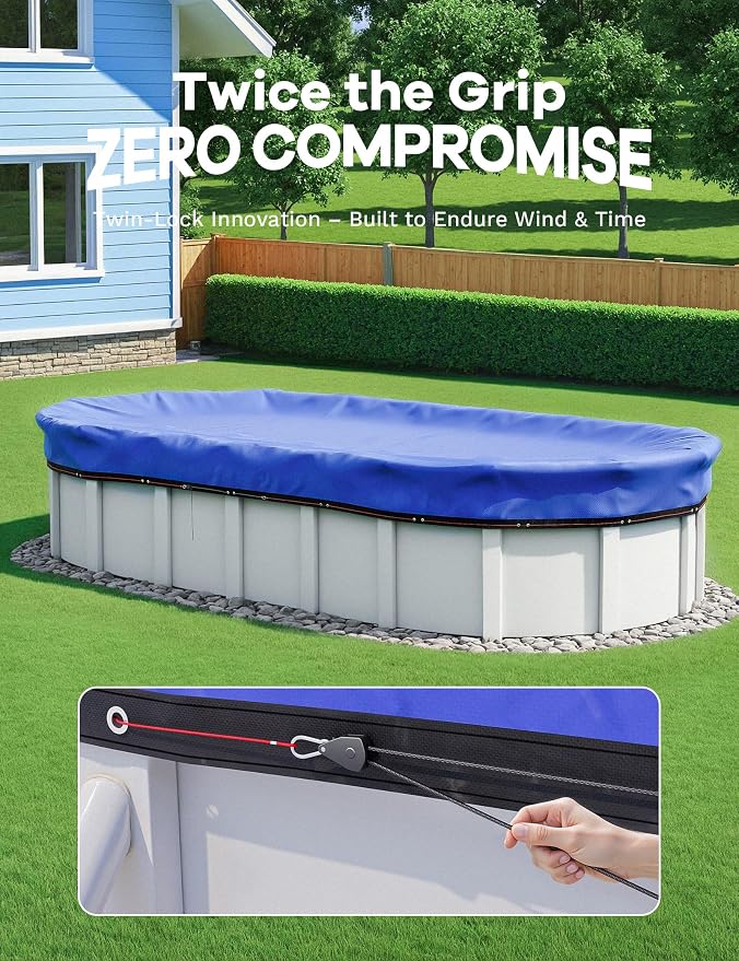 POOLHACKER 18x33 FT Oval Pool Cover – 420D Extra Thick Winter Pool Cover for Above Ground Pools, 4 Ft Overlap with Pulley & Cable