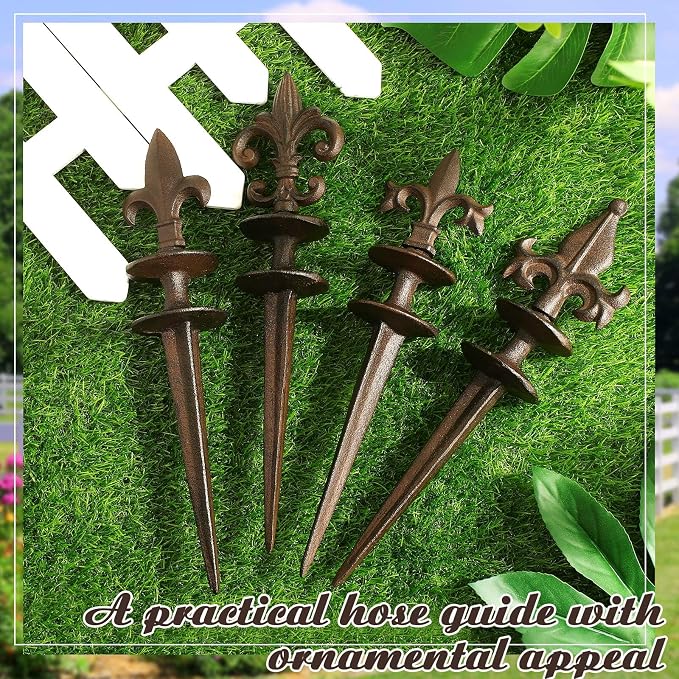 4 Pcs Antique Garden Hose Guide Spike, 13.7" Fleur De Lis Decorative Cast Iron Finial Stakes Heavy Duty Metal Plant Saver Tools Outdoor Hose Protection for Lawn Yard Patio(Rust,Assorted Styles)