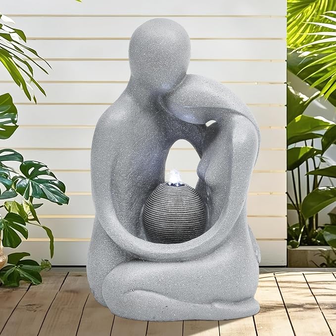 AUTODAYA 20.9in Hugging Couple Outdoor Water Fountain with LED Lights, Modern Couple Silhouette Garden Water Fountain for Patio, Yard,or Indoor Décor