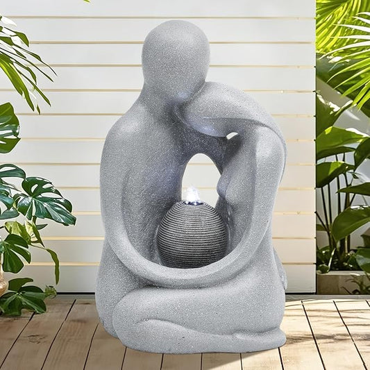 AUTODAYA 20.9in Hugging Couple Outdoor Water Fountain with LED Lights, Modern Couple Silhouette Garden Water Fountain for Patio, Yard,or Indoor Décor