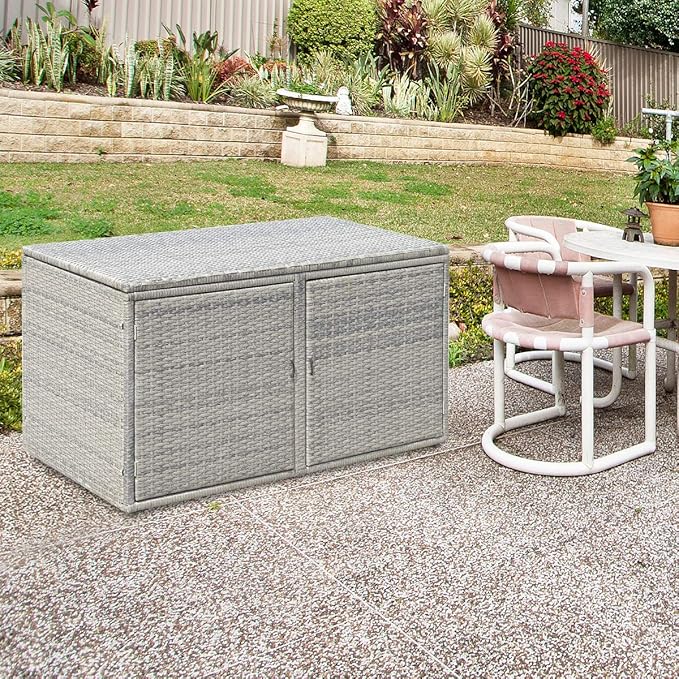 RELAX4LIFE PE Wicker Storage Box - Outdoor 88 Gallon 2-Tier Deck Box for Patio Furniture Toys Storage w/Lid & Front Doors, All Weather Rattan Storage Bin for Backyard Garden Poolside Porch (Grey)