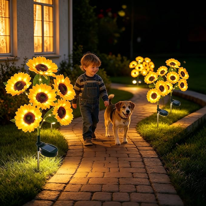 Solar Garden Lights Outdoor, 4 Pack Solar Sunflower Lights with 24 Sunflower, Waterproof Long-Lasting Outdoor Solar Patio Decor Suitable for Yard, Lawn, Pathway, and Backyard Decoration