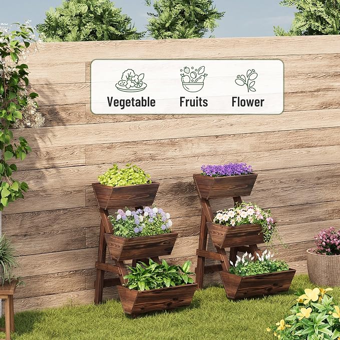 Vertical Wooden Raised Garden Bed, Garden Planters Freestanding Wood Plant Stand Flower Rack Wooden Planter Box for Plants Herbs Flowers Vegetables Outdoor Indoor Gardening (3-Tier Small Carbonized)