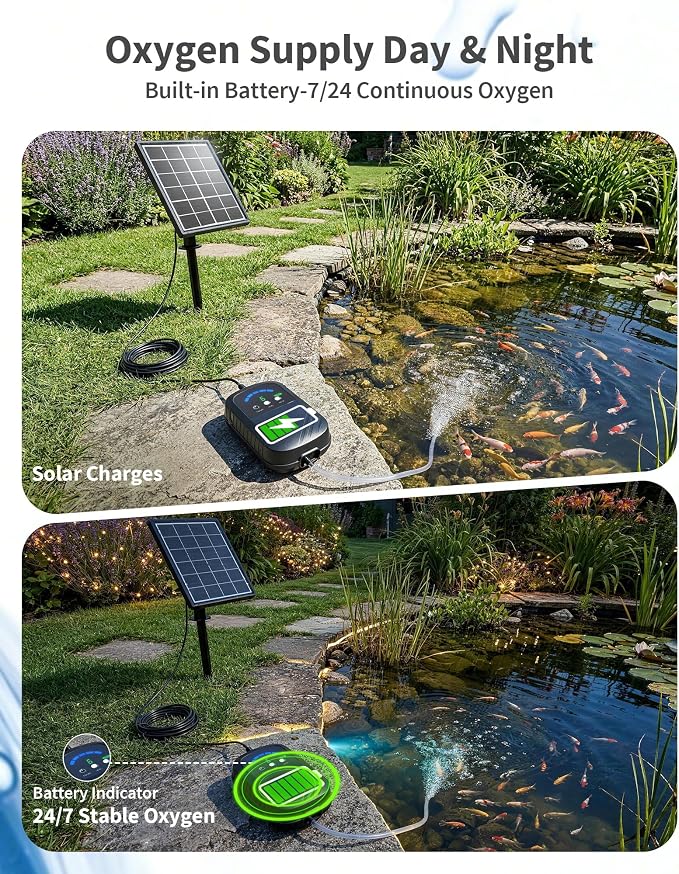 POPOSOAP Solar Pond Aerator with Digital Display, Solar Air Pump 7/24H Oxygen Supply with Battery, 9 Adjustable Mode Oxygen Pump for Fish Pond, Koi Pond, Aquarium & Fishing Tank-P9325