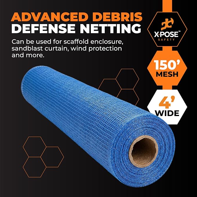 Xpose Safety Construction Safety Netting – 4' x 150', 1/4" Mesh Scaffold Safety Net, Temporary Material Roll, Visibility Fence, Heavy-Duty Fire Retardant, Blue