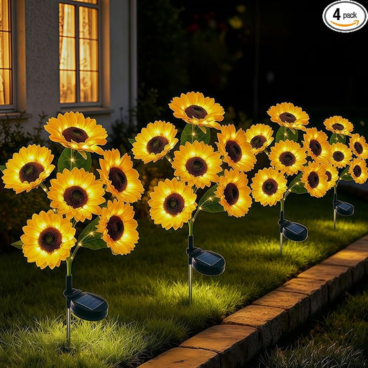 Solar Garden Lights Outdoor, 4 Pack Solar Sunflower Lights with 24 Sunflower, Waterproof Long-Lasting Outdoor Solar Patio Decor Suitable for Yard, Lawn, Pathway, and Backyard Decoration