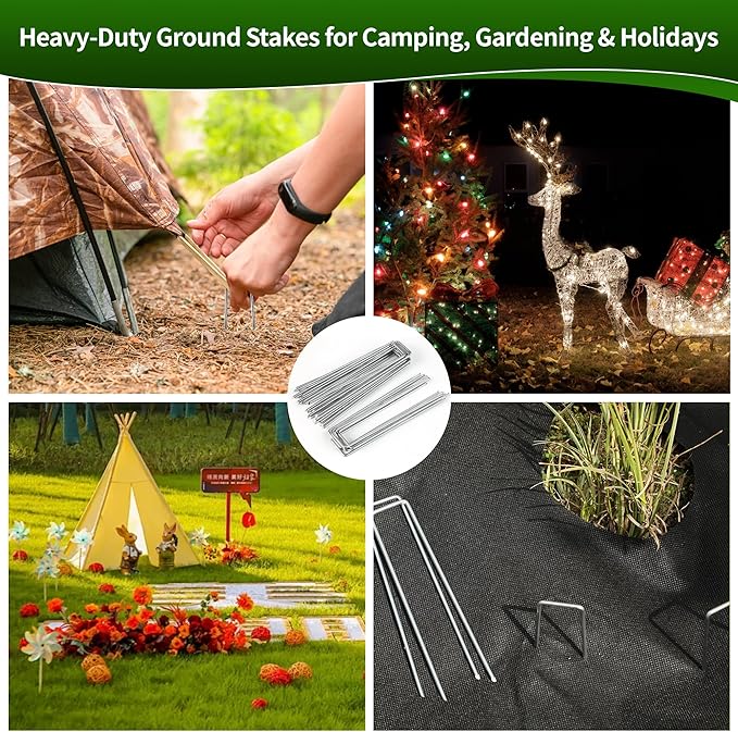 HOOPLE 50 Pack Landscape Staples 4 Inch 12 Gauge Heavy Duty Galvanized Garden Stakes, U-Shaped Ground Staples for Securing Weed Barrier Fabric, Landscape Fabric, Irrigation Tubing & Fences