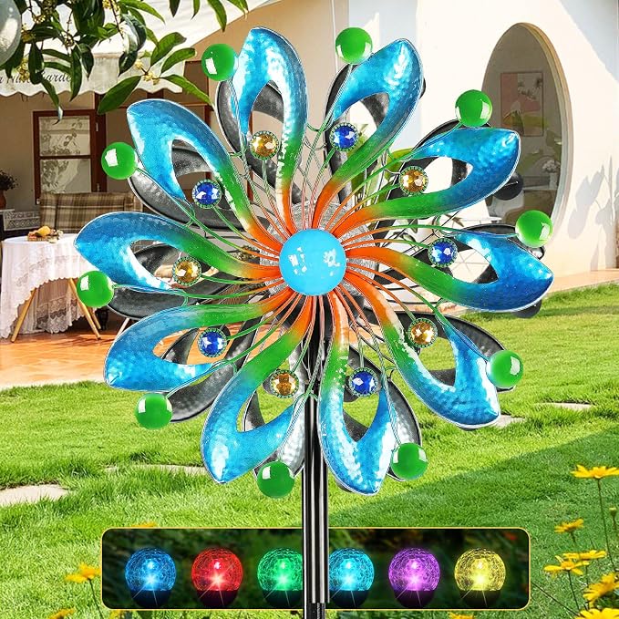 MLKNK Wind Spinners for Yard and Garden - Wind Sculptures & Spinners | Wind Spinners Outdoor 75 Inch, Navy Blue, Kinetic Art with Solar Powered Multi-Color Glass Ball Light