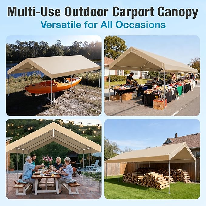 12x20 FT Carport Replacement Canopy Top Upgraded Car Port Canopy Cover for Carport Party Tent Waterproof & UV Protected, Easy Installation with Ball Bungees,Beige(Frame Not Included)