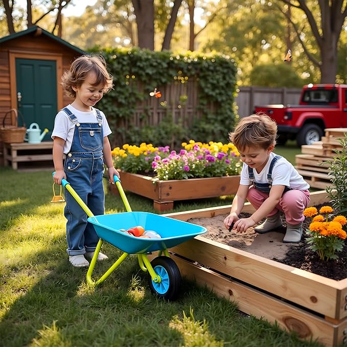 G & F Kids Metal Wheelbarrow, Child-Size Steel Garden Wheelbarrow for Toddlers & Kids, Sturdy Single-Wheel Design for Outdoor Play, Gardening & Sandbox Fun Activities, 28" H x 12" W Kid Size