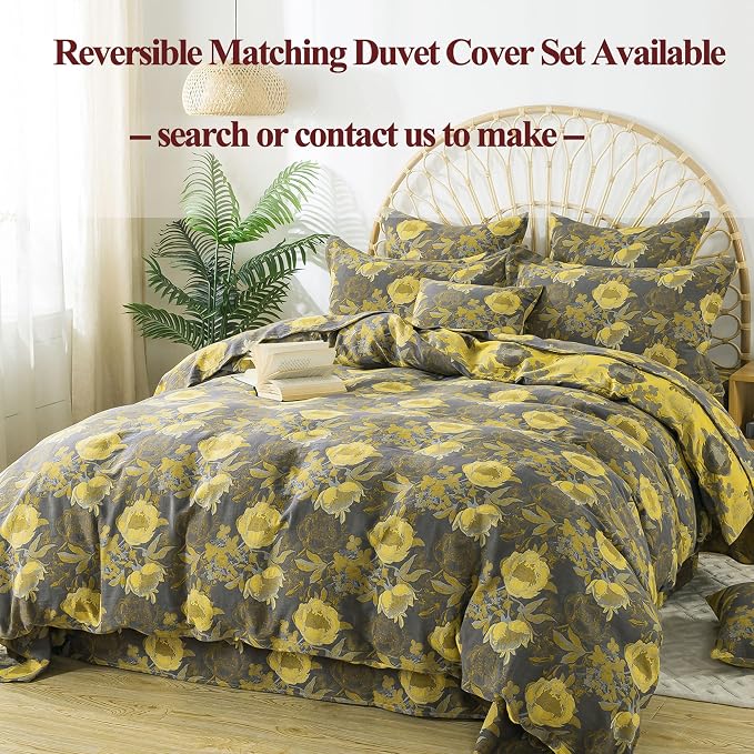 FADFAY Floral Sheets Set Queen Vintage Grey Yellow Floral Bedding Shabby Peony Farmhouse Bedding Super Soft Washed Double -Layer Muslin Sheets 100% Cotton Deep Pocket Fitted Sheet 4Pcs, Queen Size
