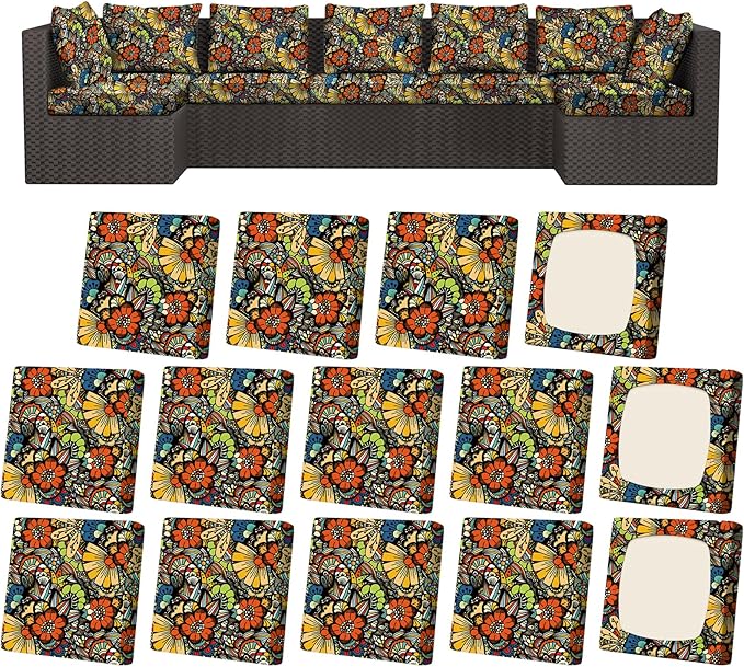 14Pcs Patio Stretch Cushion Covers, Outdoor Couch & Sofa Replacement Slipcovers for Patio Furniture Cushion Covers, Washable Reusable Furniture Protector, Square Large, Art Flower