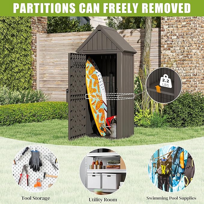 Fancyango Outdoor Resin Storage Shed, Upgrade Sturdy Storage Cabinet with Removable Shelves and Lock Ring, Reinforced Floor, All-Weather Construction for Garden Patio Lawn (Black) (Grey)