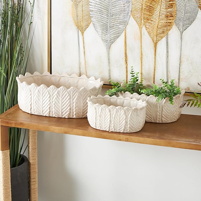 Deco 79 Ceramic Indoor Outdoor Planter Small Planter Pot, Set of 3 Planters 10", 12", 16"W, White