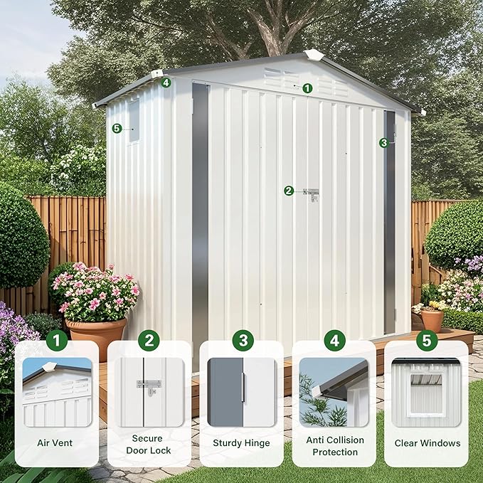 YOPTO Sheds & Outdoor Storage 6X4 FT,Metal Waterproof Tool Sheds with Side Window and Lockable Door,Backyard Buildings House W/Pitched Roof & Vents,for Garden,Lawn,Garbage Enclosure,White+Gray