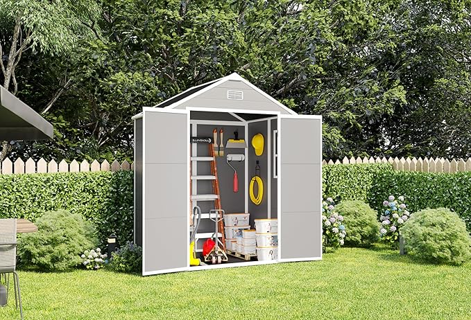 YOPTO 6x5 FT Resin Storage Shed,Garden House with Floor & Lockable Door,Waterproof Plastic Tool Sheds W/Slanting Roof Visual Window & Air Vents for Bicycles,Lawnmowers,Lawn,All Weather Use,Gray