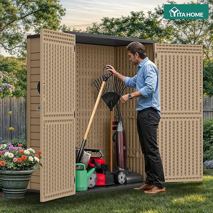 YITAHOME 59 Cuft Outdoor Tall Storage Shed, Waterproof Vertical Resin Shed for Garden, Garage, Patio, Lockable Tool Storage, No Shelves Included, Brown
