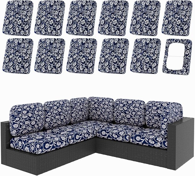 hyha 12Pcs Patio Cushion Covers, Stretch Outdoor Couch Cushion Covers, Washable Outdoor Chair/Sofa Slipcovers for Patio Furniture Cushions Protector with Elastic Bottom(Baroque,Cover Only)