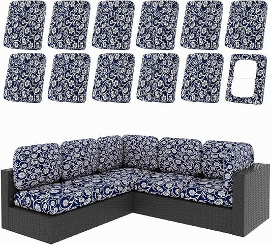 hyha 12Pcs Patio Cushion Covers, Stretch Outdoor Couch Cushion Covers, Washable Outdoor Chair/Sofa Slipcovers for Patio Furniture Cushions Protector with Elastic Bottom(Baroque,Cover Only)