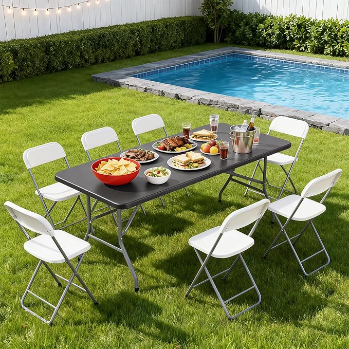 BestOffice 6 FT Picnic Table, Portable Plastic Folding Table with Carrying Handle Perfect for Picnics, Parties, Party and Camping, Grey