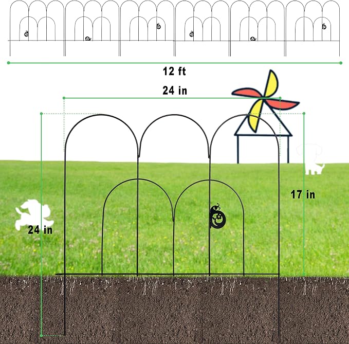 24in x 12ft Metal Garden Fence 6 Piece Rustproof Fencing Decorative Iron Wire Animal Outdoor Border Dogs Barrier Edging Patio Fences Landscape for Flower Bed