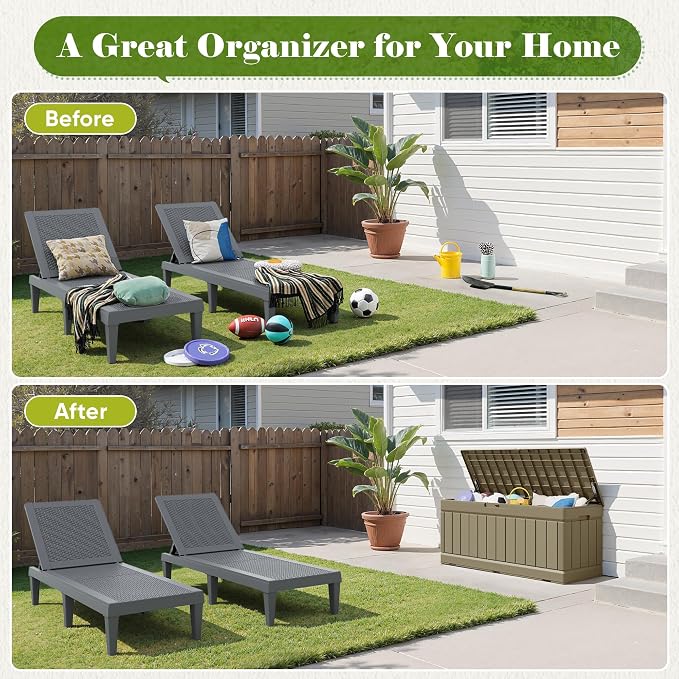 Flamaker Outdoor Storage Box 80 Gallon Resin Waterproof Deck Box Delivery Box with Wood Texture Large Storage Bin for Patio Cushions (Light Brown)