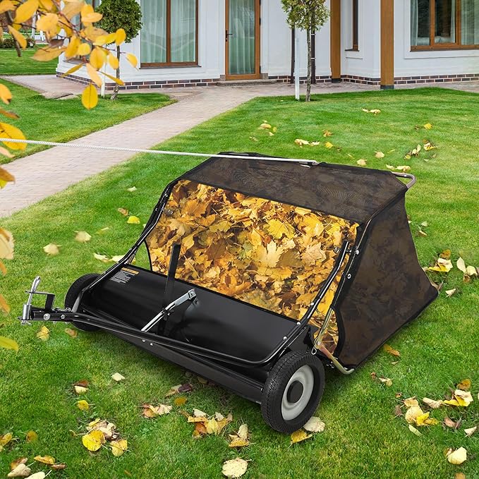 Garvee 42 in Lawn Sweeper Tow Behind, 24 cu.ft. Large Pull Behind- Grass Sweeper, Heavy Duty Leaf & Grass Collector with Dumping Rope Design, Adjustable Sweeping Height for Picking Up Debris