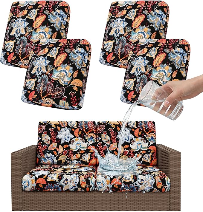 Smiry Waterproof Patio Cushion Covers, Stretch Outdoor Couch Slipcovers Replacement Washable Furniture Protector Sofa Chair Seat Cover for Dogs and Pets (4 Pcs, Black and Orange)