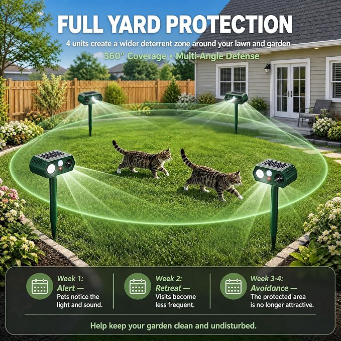 4Pack Sonic Fortress Pro Deer Repellent Outdoor, 2026 Solar Ultrasonic Animal Repeller with Motion Activated Strobe Light to Keep Squirrel Raccoon Rabbit Cat Pests Out of Yard Skunk Deterrent