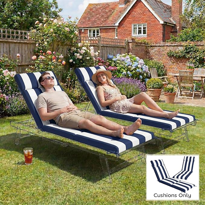 Outsunny Outdoor Chaise Lounge Cushions Set of 2, Chaise Lounge Cushions with 6 Ties, High-Density Foam, 72 x 21.1 x 2.6 Inch Water-Repellent and UV-Resistant for Patio, Poolside, Dark Blue and White