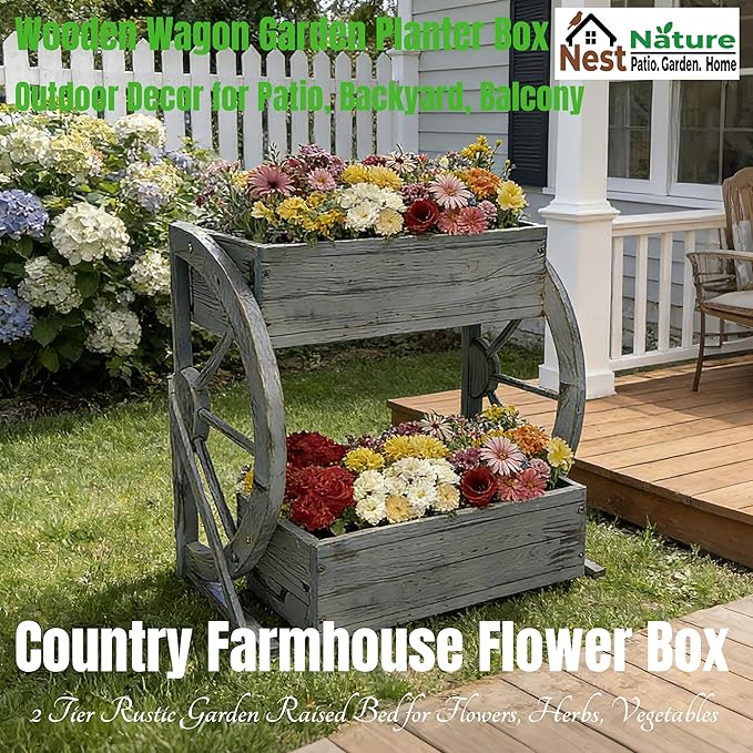 2 Tier Medium Wooden Wagon Planter Box|Outdoor Planter/Flower Pot for Indoor&Outdoor Plants-Rustic Garden Planter for Patio,Porch&Garden Decor-Raised Garden Bed for Succulents,Herbs,Vegetables