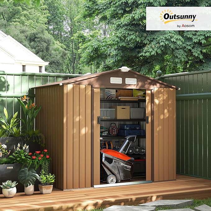 Outsunny 7' x 4' Outdoor Storage Shed, Garden Tool Metal Shed with Foundation Kit, Double Lockable Door, Air Vents and Sloping Roof, for Backyard, Patio, Lawn, Yellow