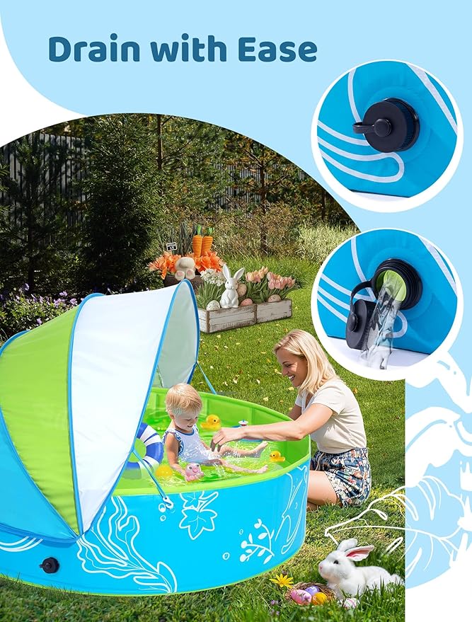 Hikiddy Foldable Kiddie Pool with Canopy: 31.5in/ 47in /63in for Baby Toddler Kids Family - Summer Water Play Pool with Shade - Portable for Outdoor Backyard Beach (Blue-Green, 47in)