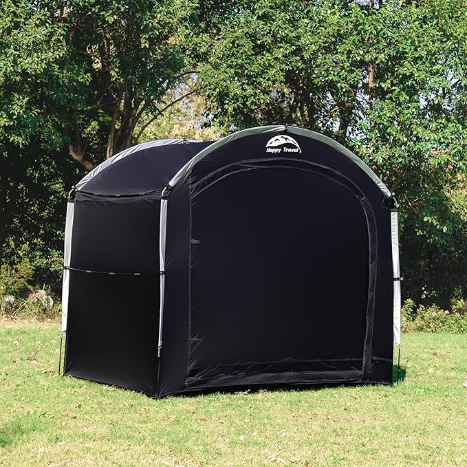 Happy Travel Bike Storage Shed Tent, Waterproof Portable Bicycle Cover with 30% More Top Storage Space for 2/3/4/5 Bikes,Clips Easy Setup Outdoor Sheds Shelter for Motorcycle, Garden Tools, Lawn Mower
