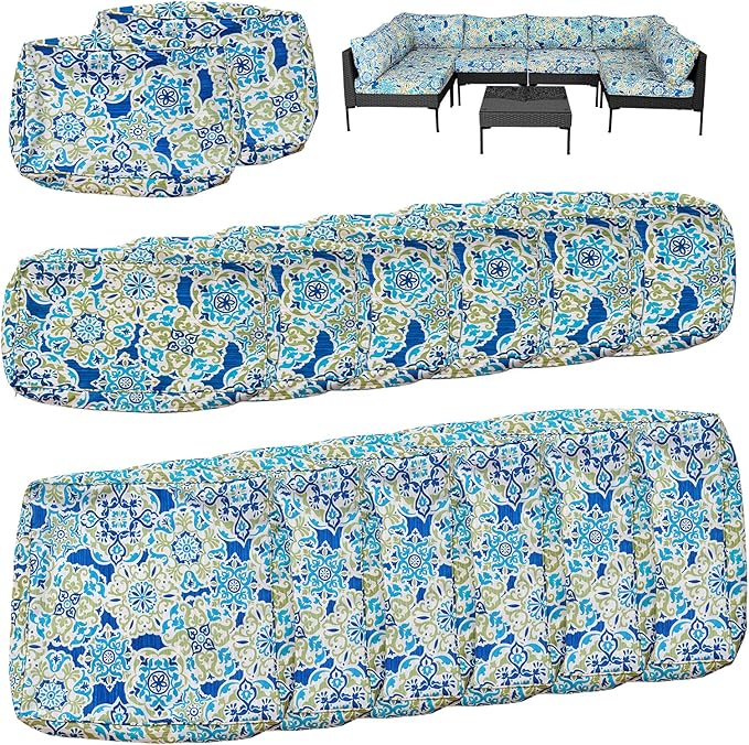 14Pcs Outdoor Cushion Covers Replacement Washable Waterproof UV w/Zipper for 6-Seaters Sofa Patio Slipcovers Set Seat and Back Covers Only (Morocco Dream, 25x25x3.15inch)