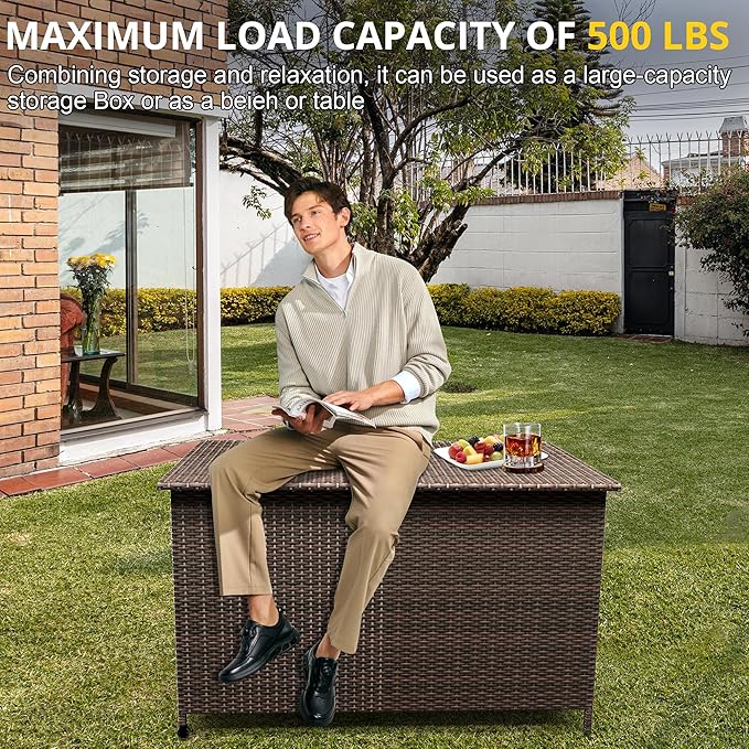 185 Gallon Large Deck Box Waterproof PE Rattan Outdoor Storage Box with Handles and Wheels, Storage Bin for Garden, Balcony, Porch, Pool, Yard