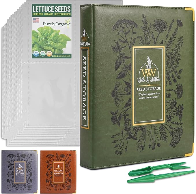 Create-ables Willow and Wildflower Garden Seed Organizer Binder, Seed Storage Organizer, Garden Binder Book for Packet Storage Catalog Can Store 120 Packets with Dibber and Widger (Moss Green)