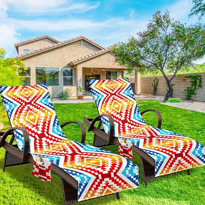 Lounge Chair Towel Cover, Beach Chair Cover (Pack of 2), Pool Lounge Chair Covers for Outdoor,Garden, Beach,Sun Lounger,Hotel Pool,Large Size and No Sliding, 85" X 30", Orange Red Rhombus