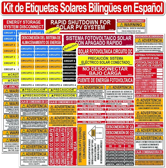 Bilingual Ultimate 2017/2020/2023 NEC Code Compliant Photovoltaic Solar System Label Kit Electrical Panel Safety Stickers Outdoor Rated Laminated