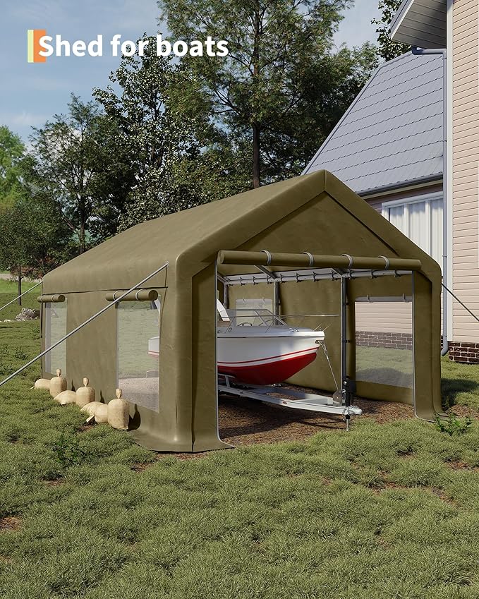 GarveeLife 13x20 ft Carport with 8 Sandbags, Car Port with 220 g PE Tarp, 2 Roll-Up Doors, and 4 Windows, for Full-Size Pickups, Bass Boats, Tractors, and SUVs, Khaki
