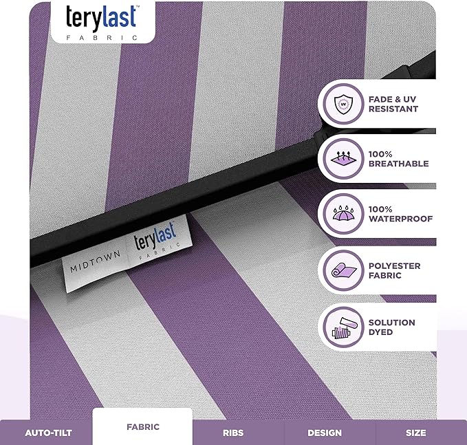 Midtown Umbrellas - 10-Year-No-Fade 6 Ft Patio Umbrella with Terylast Fabric, Auto-Tilt Aluminum Frame and 8 Reinforced Ribs for Deck, Pool, Garden & Beach - Purple/White Stripes Canopy, Black Pole